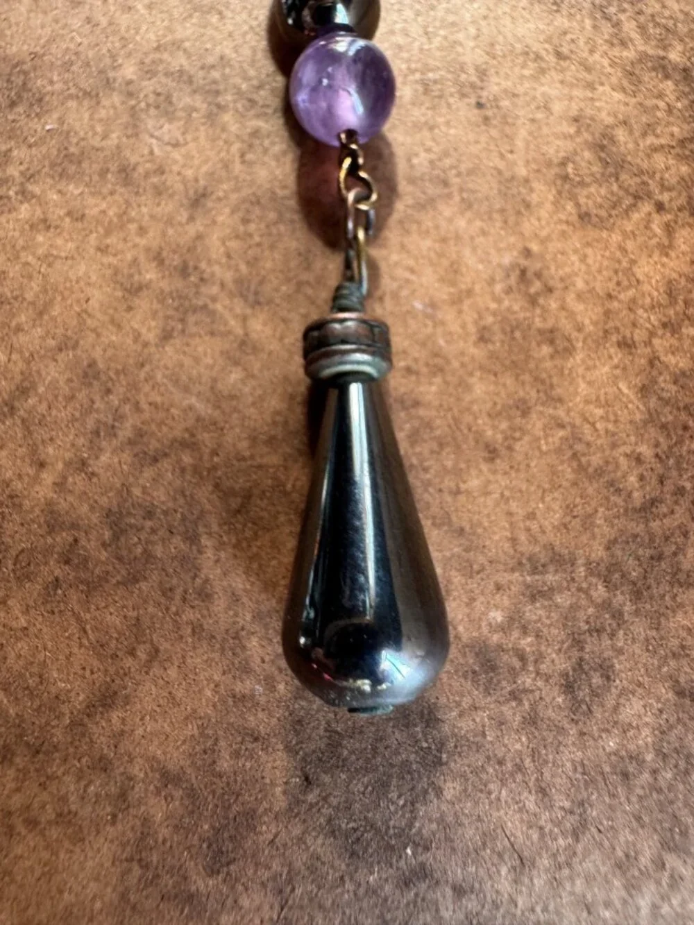 Boho purse, charm keychain with hematite and amethyst
